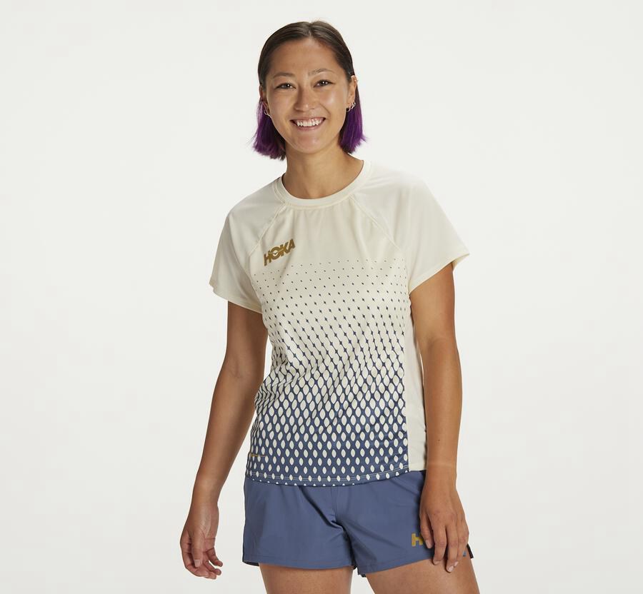 Top Hoka One One Mujer - Performance Short Sleeve - Azules/Blancas - HUL201983